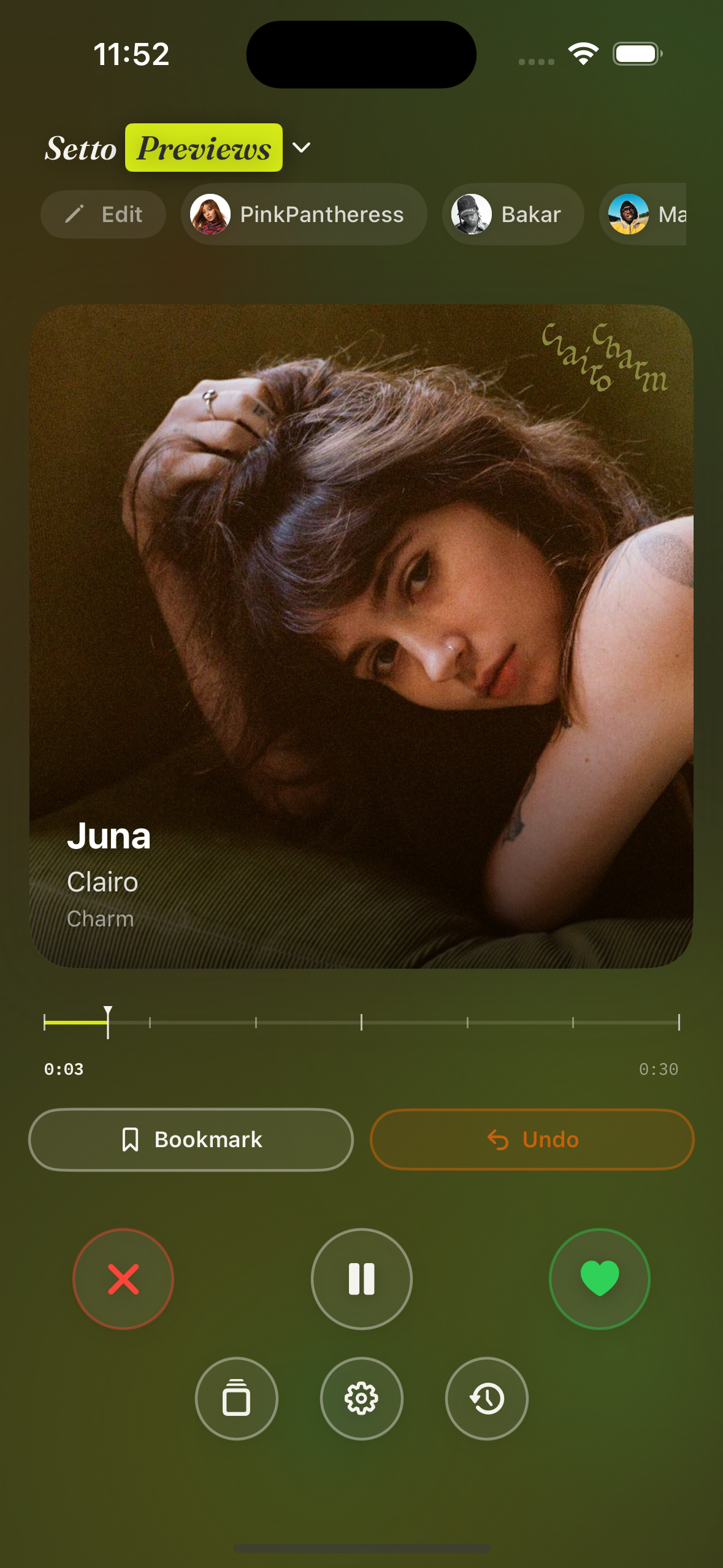 Setto previewing a recommendation for Juna by Clairo